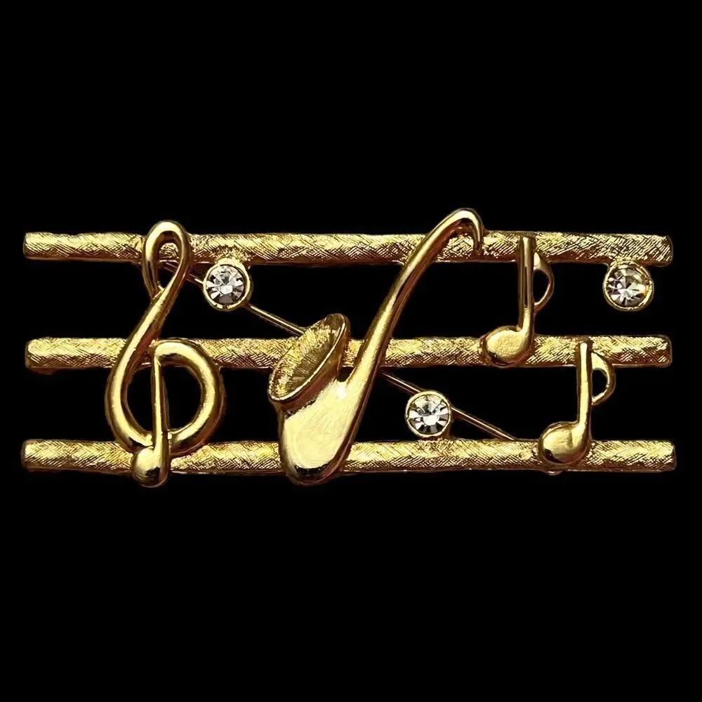 Gold Tone Rhinestone Music Note Saxophone Brooch